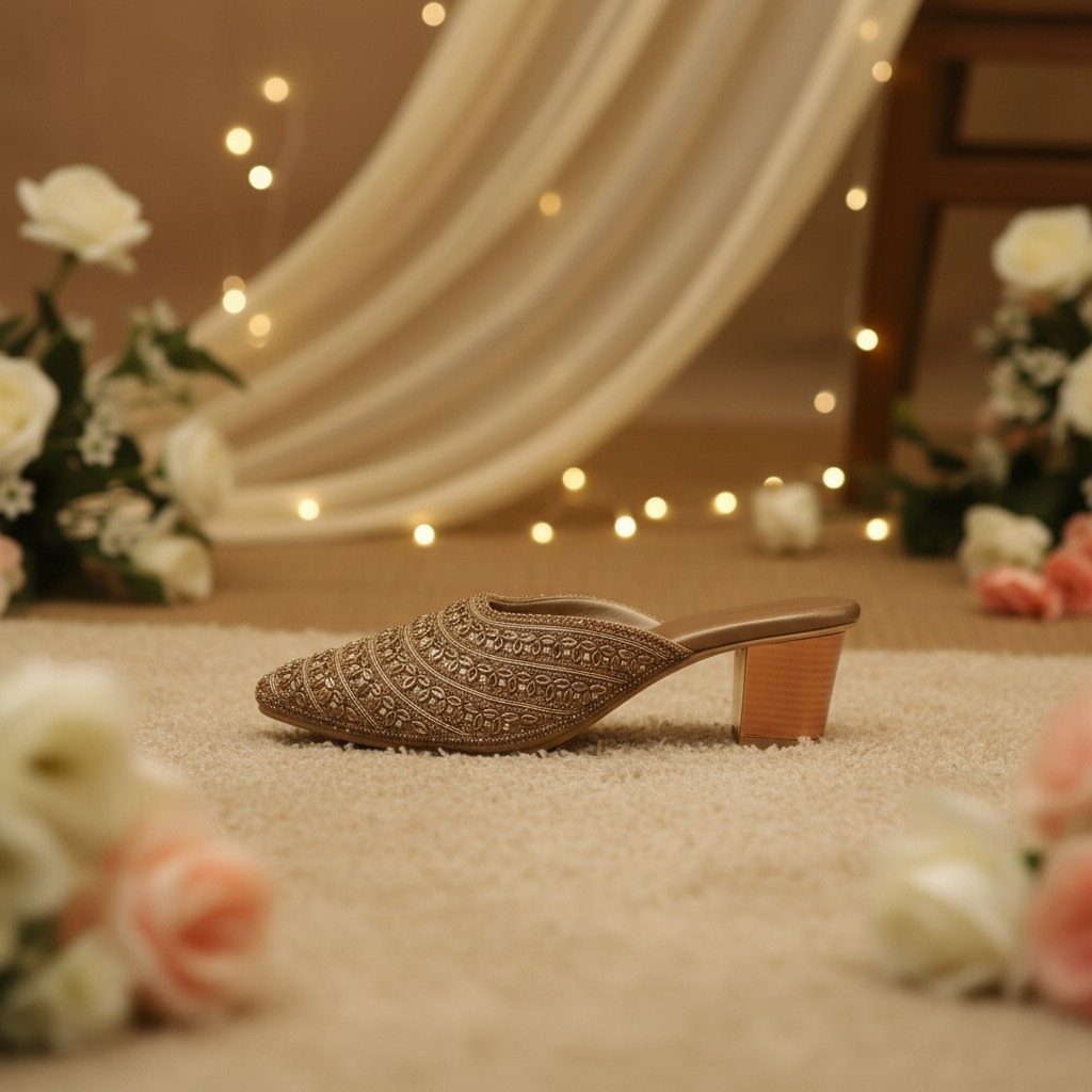 Gold embellished bridal mule with a low block heel resting on a carpet among flowers.