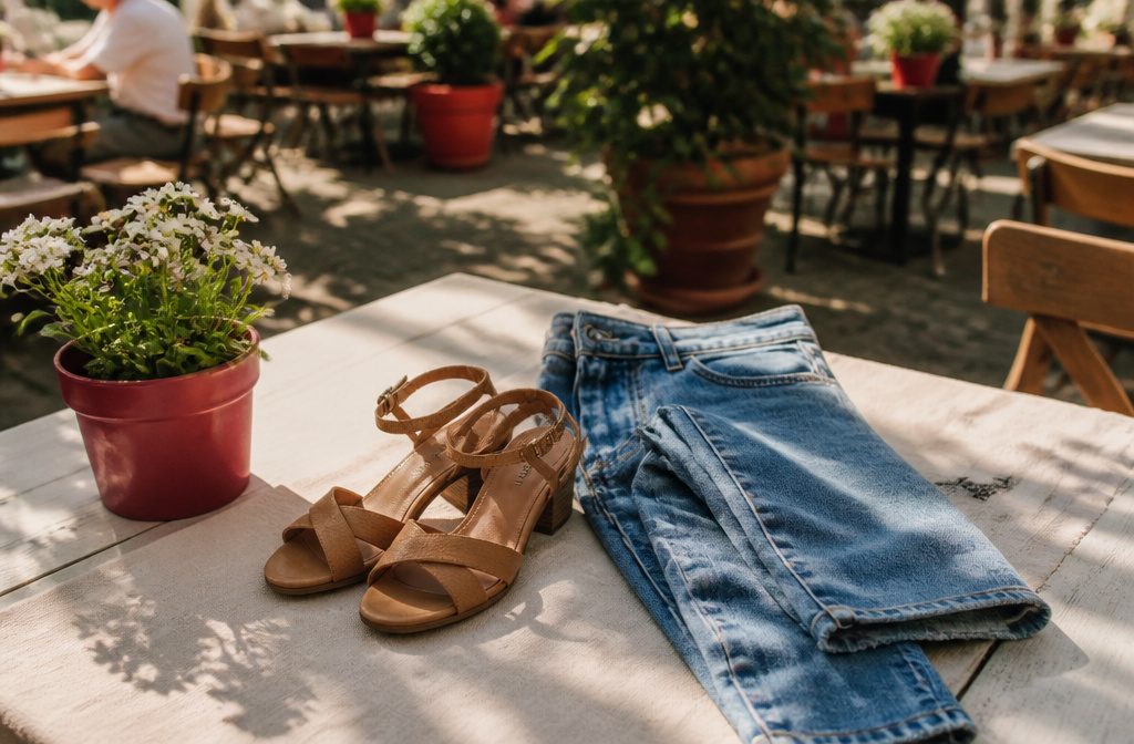 Various sandals arranged with a pair of jeans on a textured surface.