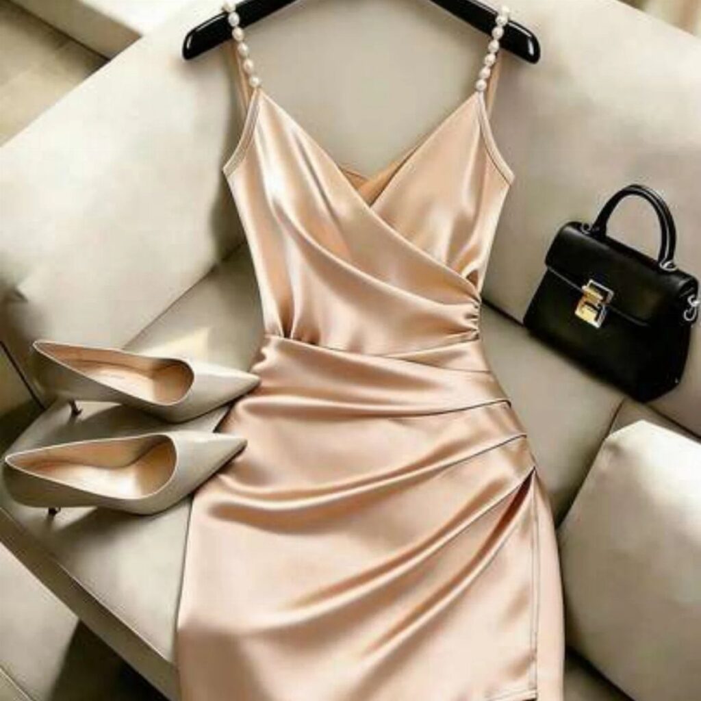 Champagne satin dress, nude pointed-toe heels, and a black handbag on a cream sofa.
