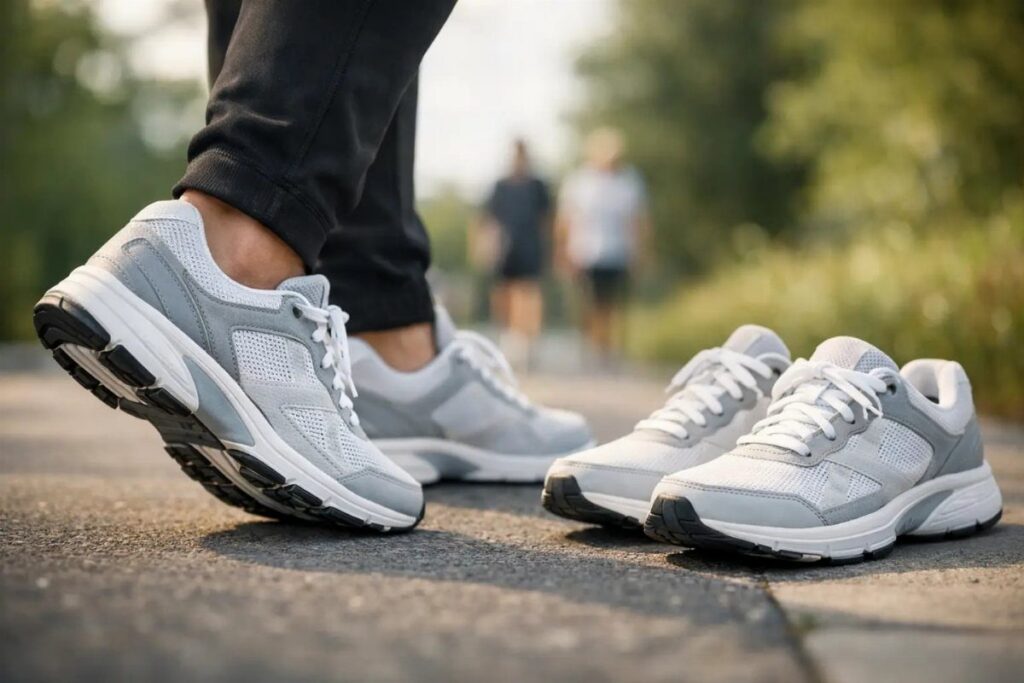 Grey and white athletic sneakers resting on an asphalt path in an outdoor setting.